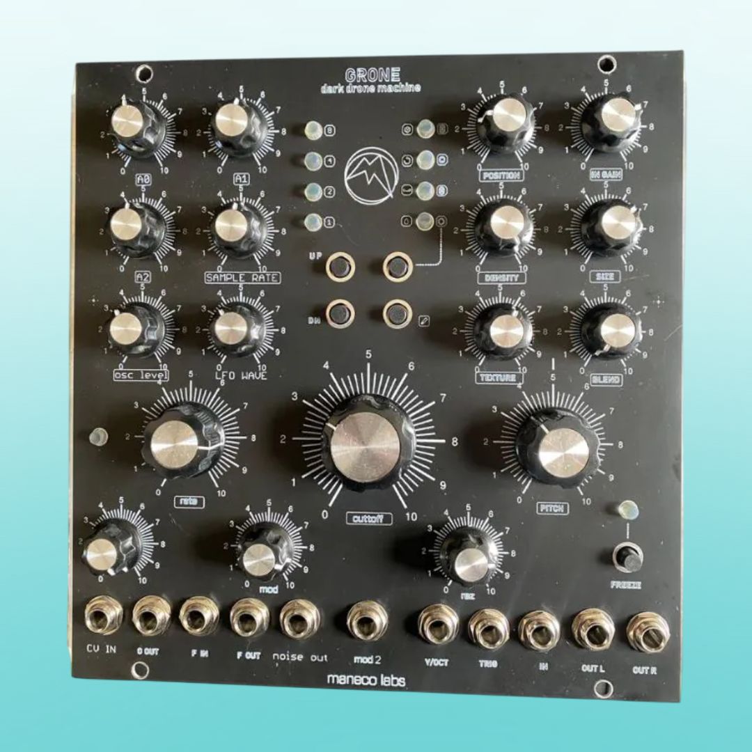Front view of Maneco Labs Grone Drone Synth Voice Moog 5U Module on blue background