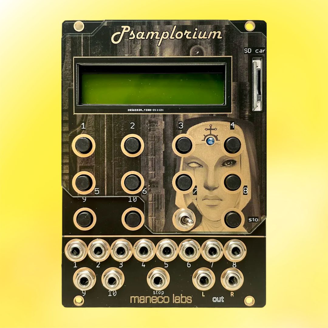 Front view of Maneco Labs Psamplorium Module on yellow background