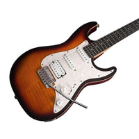 Electric guitar with a sunburst finish on a white background