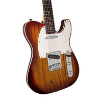 Wooden electric guitar with a white pickguard on a white background