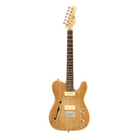 Electric guitar with a natural wood finish on a white background
