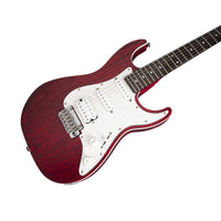 Red electric guitar with a white pickguard on a white background
