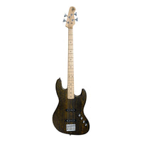 Electric bass guitar with a black and brown finish on a white background