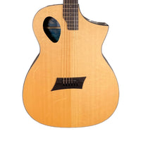 Acoustic guitar with a cutaway design on a white background