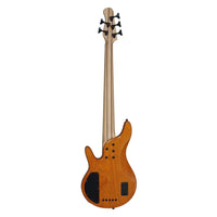 Wooden bass guitar on a white background