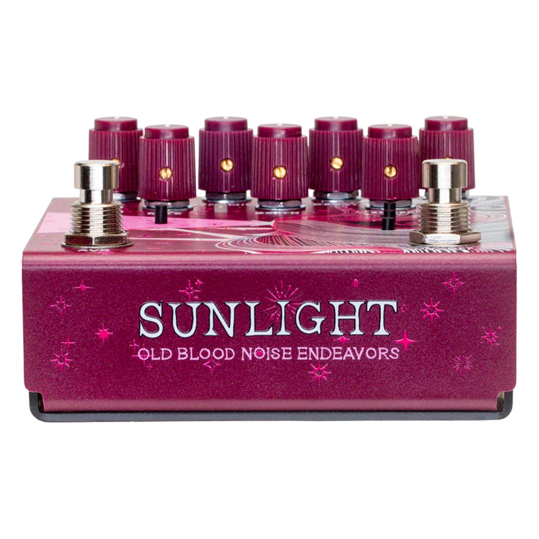 Bottom view of OBNE Sunlight Stereo Pedal Maroon on white background