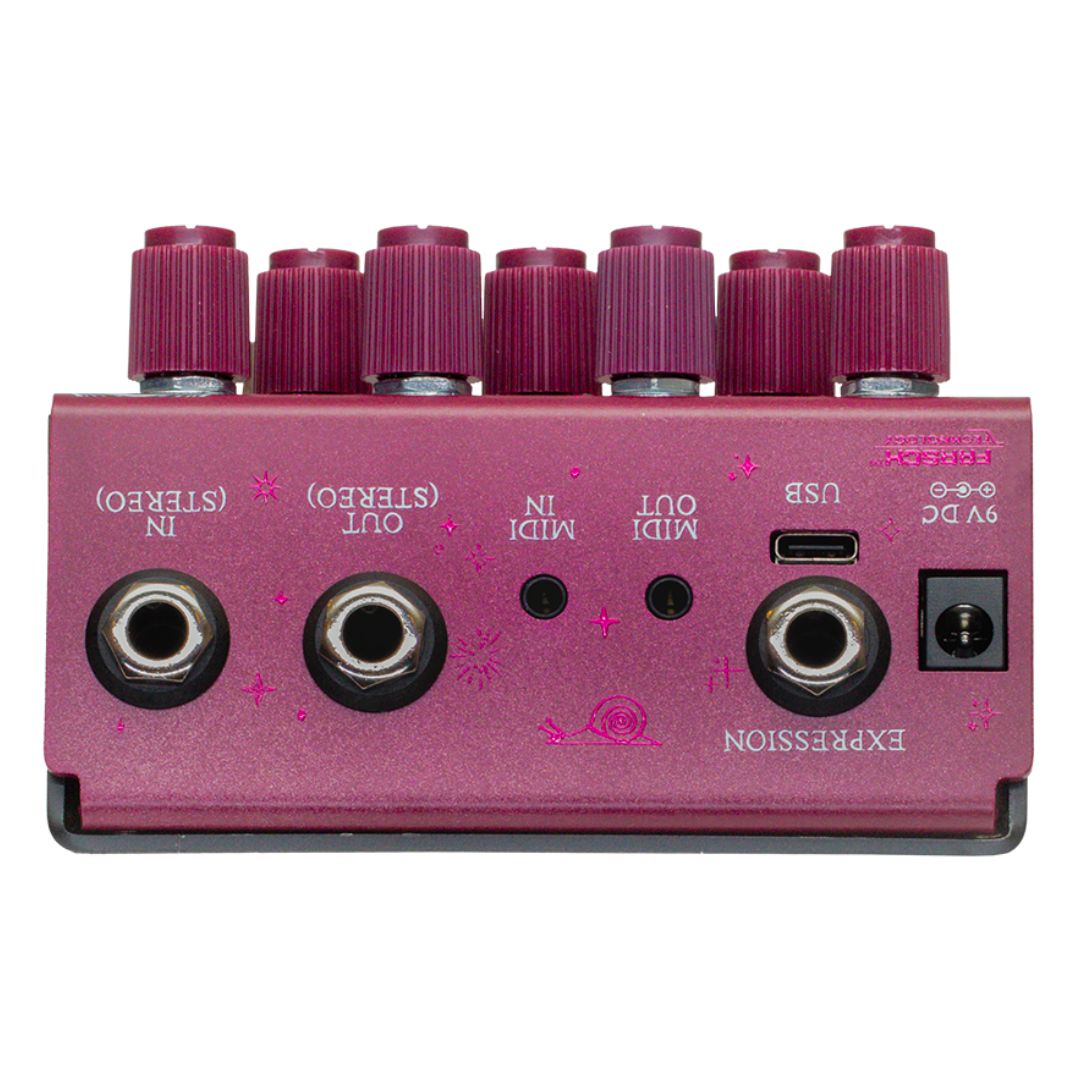 Top jacks view of OBNE Sunlight Stereo Pedal Maroon on white background