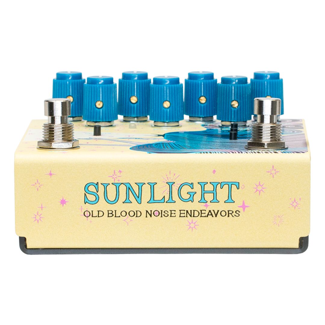 Bottom view of OBNE Sunlight Stereo Pedal Yellow on white background