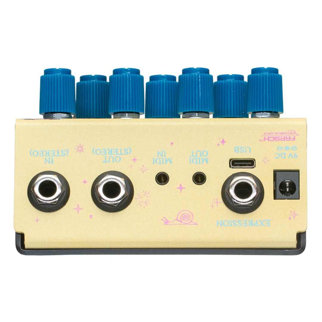 Top jacks view of OBNE Sunlight Stereo Pedal Yellow on white background