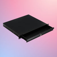 Angled view of opened On-Stage 1U Locking Rack Drawer on pink and purple gradient background