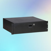 Angled view of On-Stage 3U Locking Rack Drawer on blue background