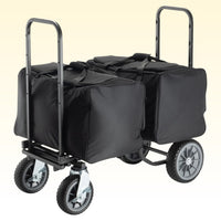 Angled view of On-Stage All-Terrain Utility Cart with bags loaded on yellow background