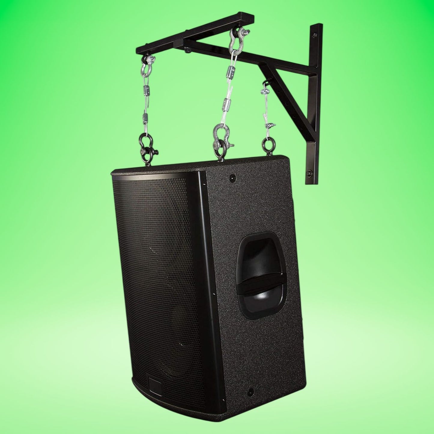 Angled view of On-Stage Hanging Speaker Bracket with speaker mounted on green background