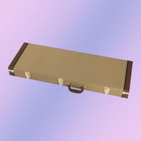 Angled view of On-Stage Hardshell Electric Guitar Case (Tweed) on purple gradient background