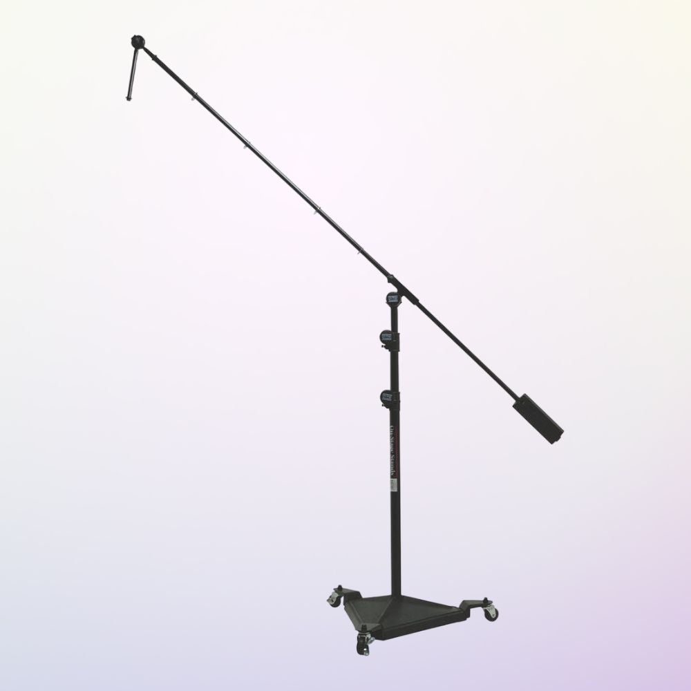 Angled view of On-Stage Hex-Base Studio Boom Mic Stand on purple background