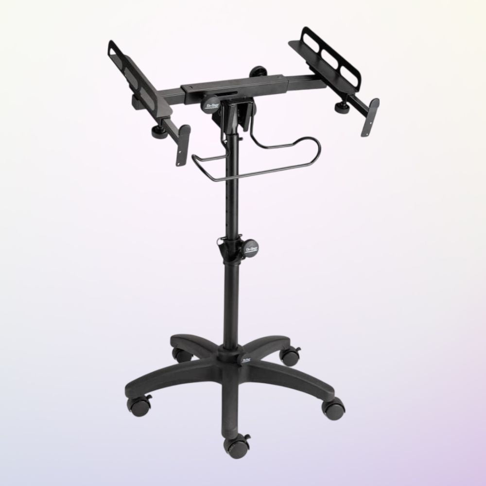 Angled view of On-Stage Mobile Mixer/Controller Stand on purple background