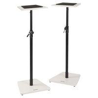 Angled view of On-Stage Wood Studio Monitor Stands (Pair) White on white background