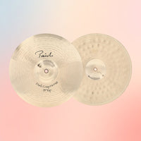 Front view of Paiste 13" Signature Dark Crisp Hi-Hats on pink gradient background