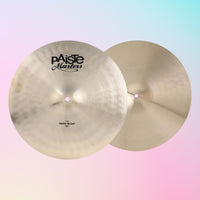 Front view of Paiste 15" Masters Dark Hi-Hats on multicolored background