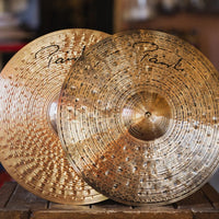 Close up front view of Paiste 15" Signature Dark Energy Mark I Hi-Hats on wooden crate in studio