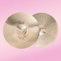Front view of Paiste 15" Signature Power Hi-Hats on pink background