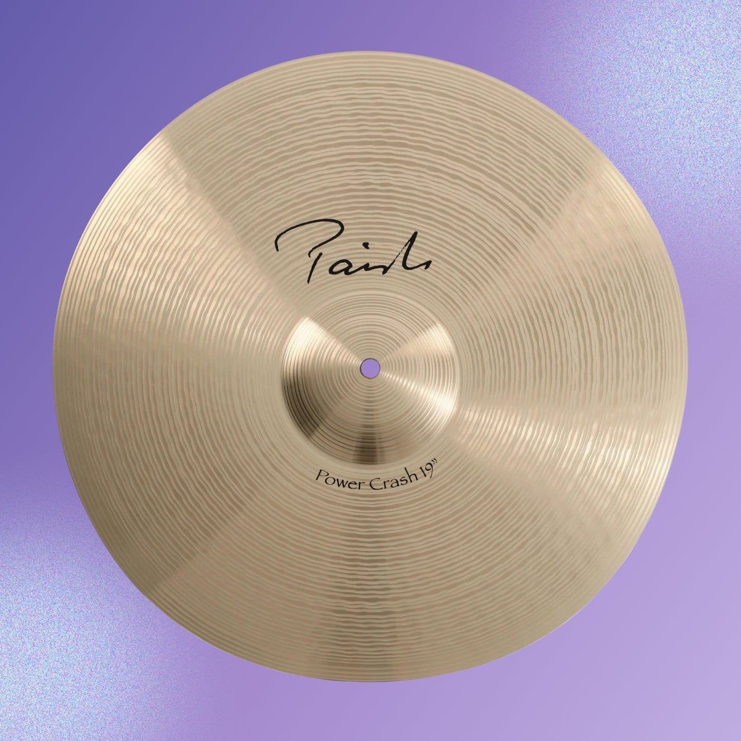 Front view of Paiste 19" Signature Power Crash Cymbal on Purple background