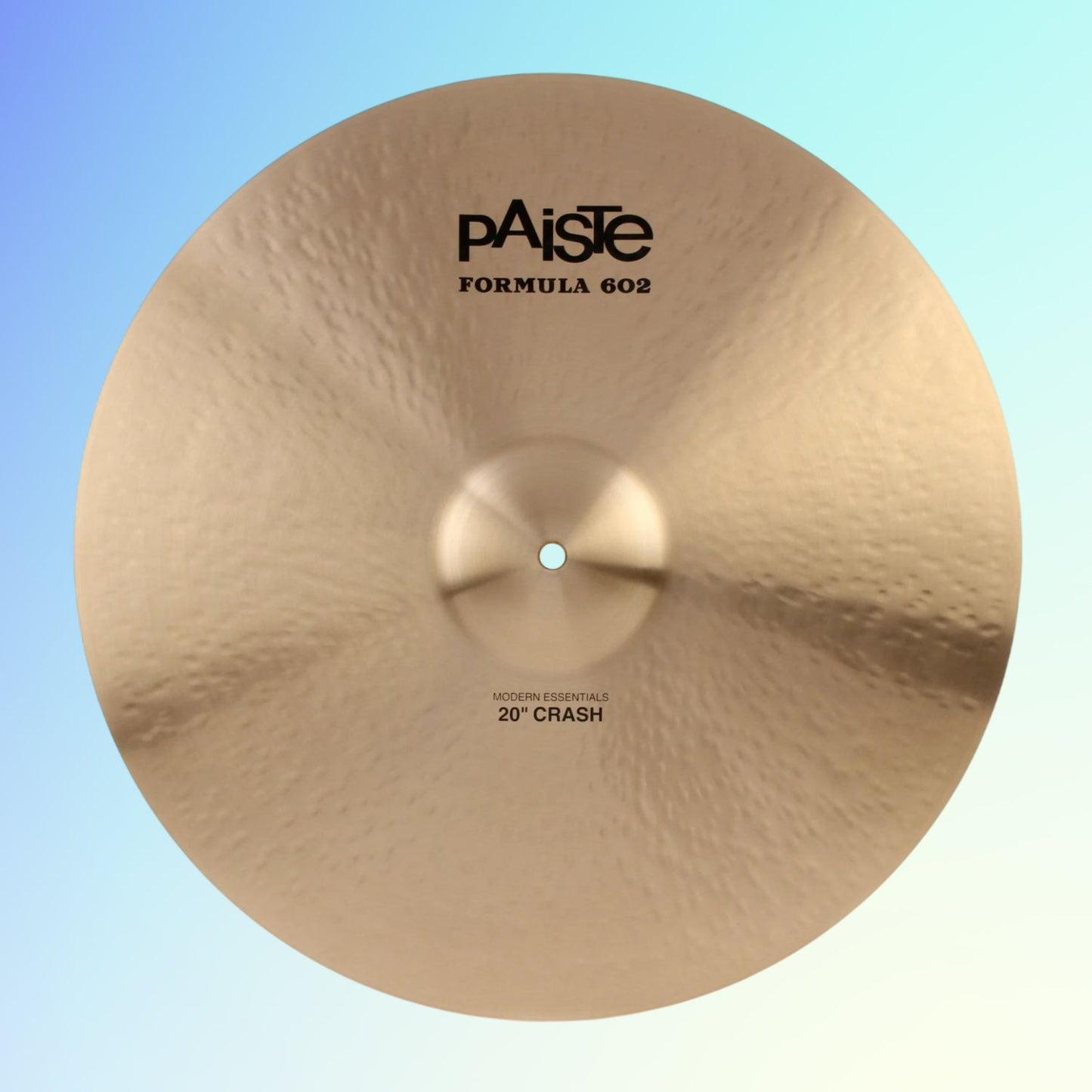 Front view of Paiste 20" Formula 602 Modern Essentials Crash Cymbal on blue background