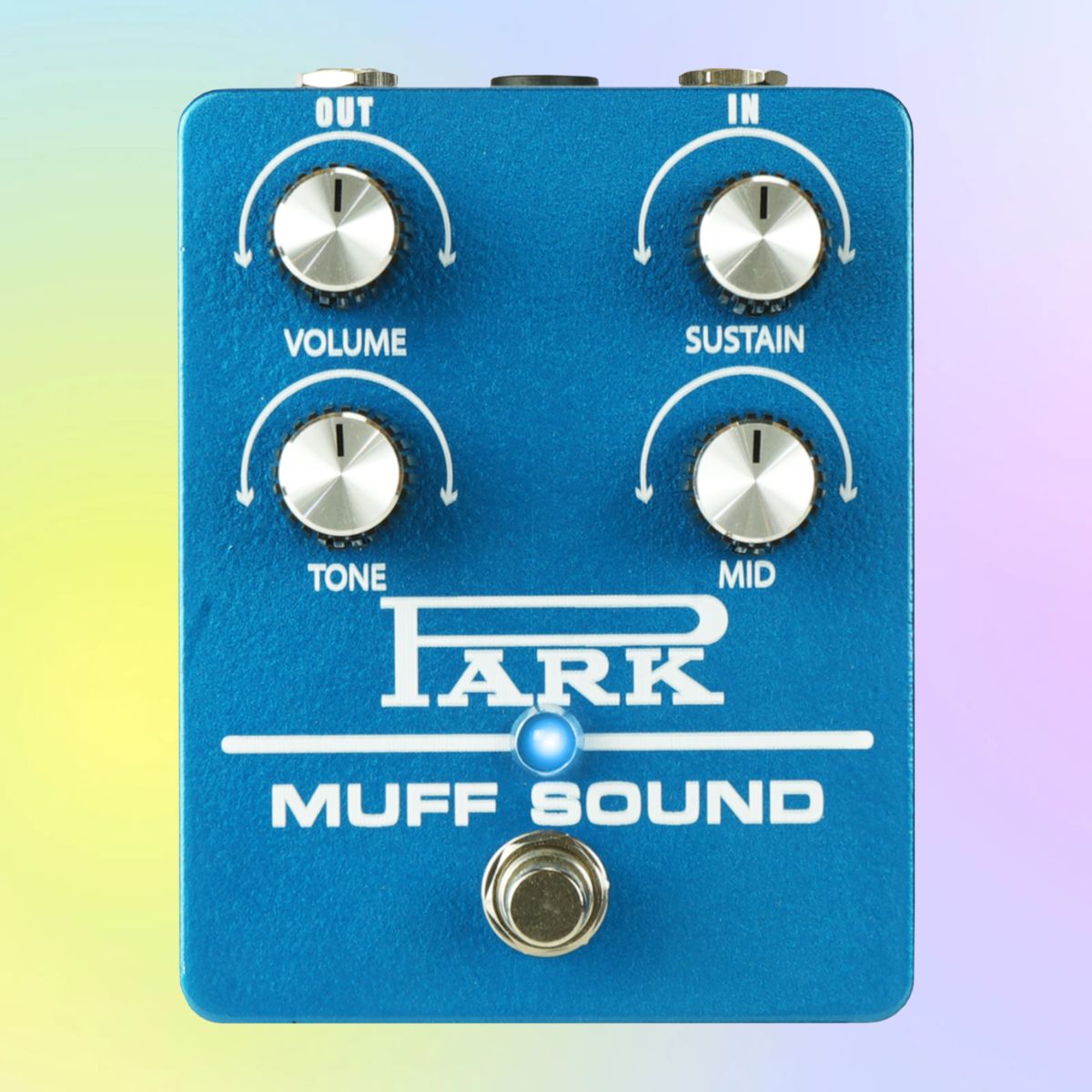 Front view of Park Custom Shop Muff Sound Pedal on multicolored background