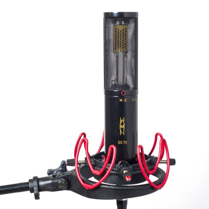 Mounted view of Pearl Microphone Labs DS 70 on shock mount with white background