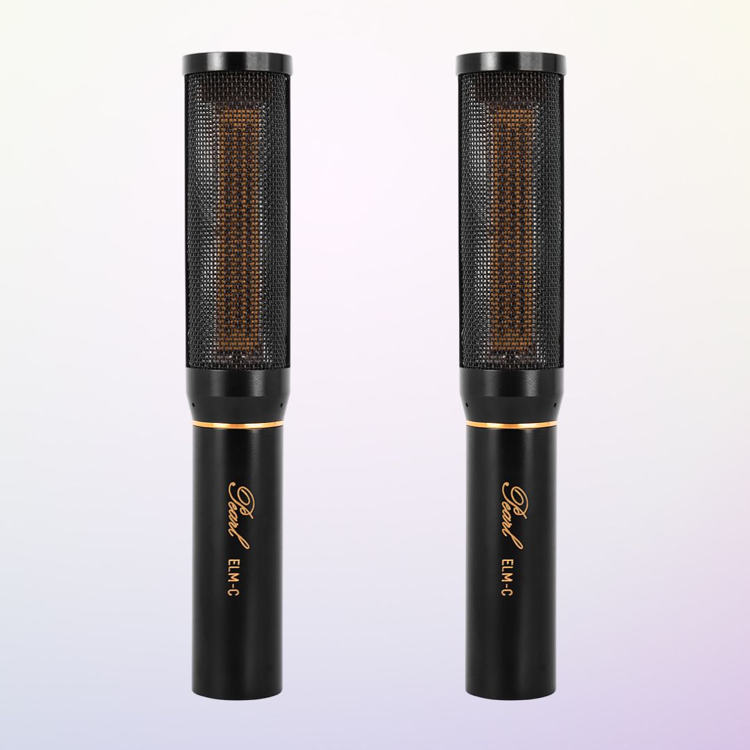 Front view of Pearl Microphone Labs ELM-C Matched Pair on purple background