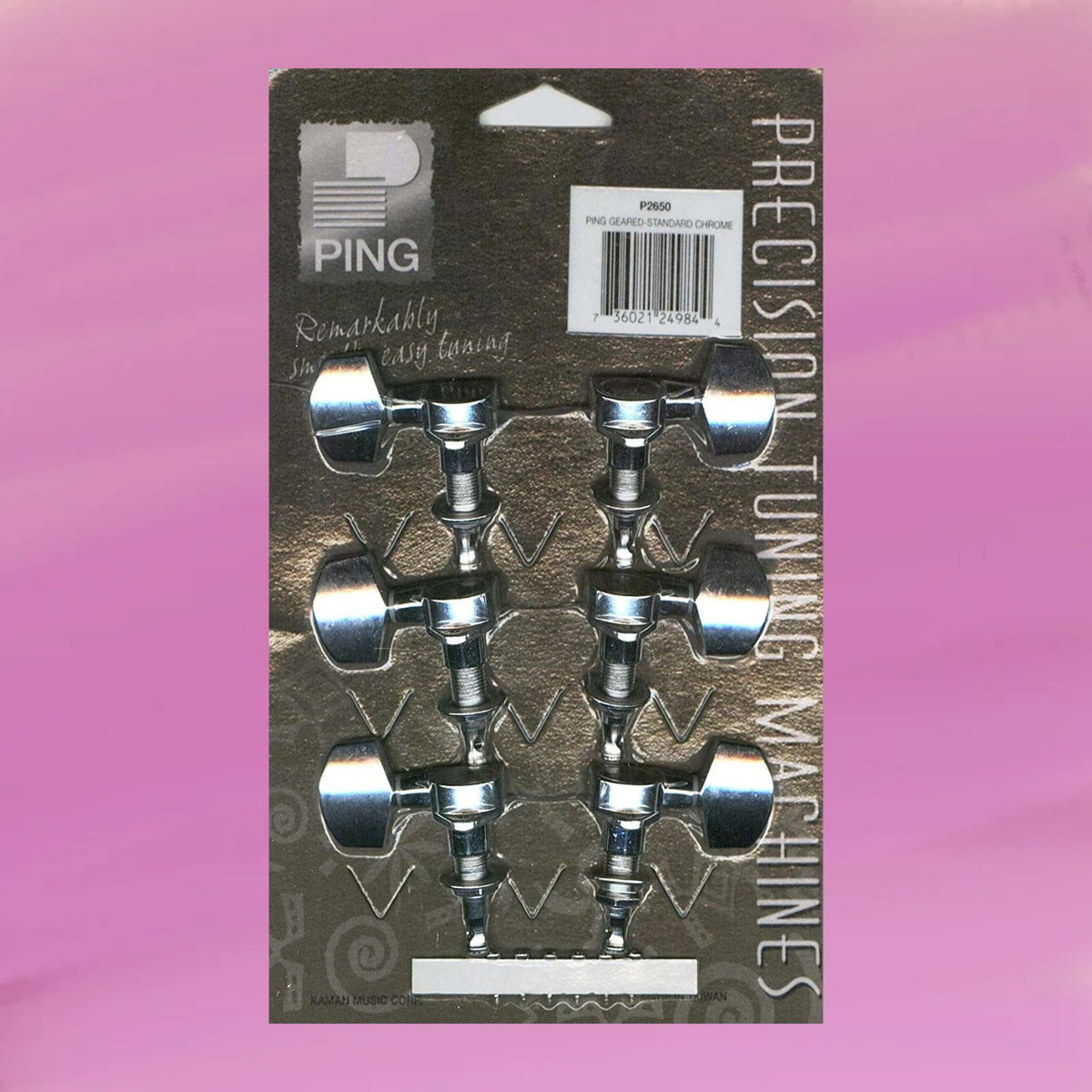 Packaging of Ping P2650 Standard 3+3 Sealed-Gear Machine Heads (Chrome) on pink background