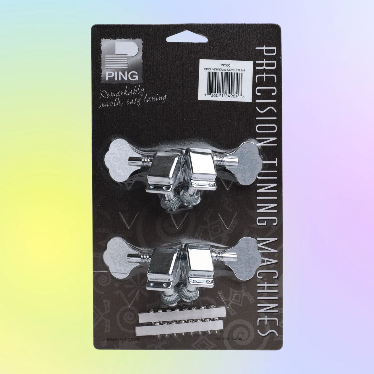 Front view of Ping P2680 Small Covered Bass Machine Heads (2 Bass 2 Treble) on multicolored background