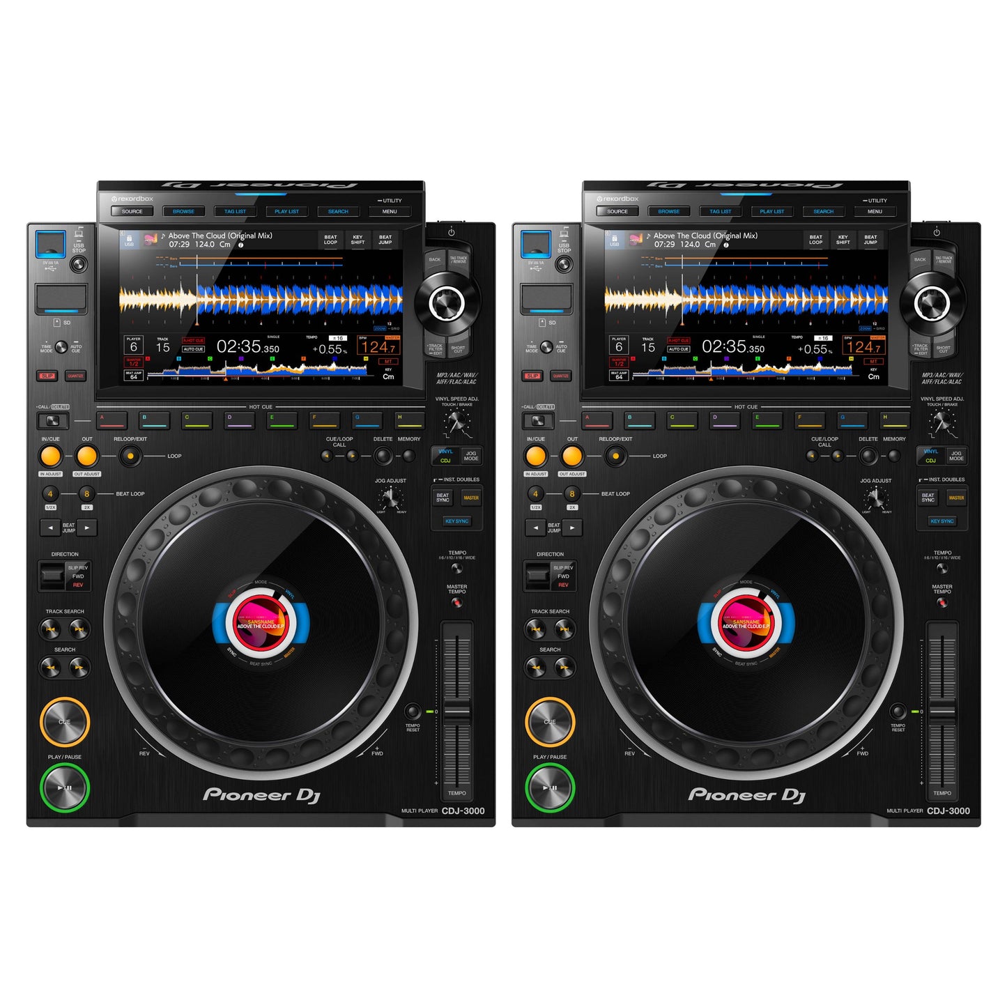 Pair of Pioneer DJ CD players on a white background
