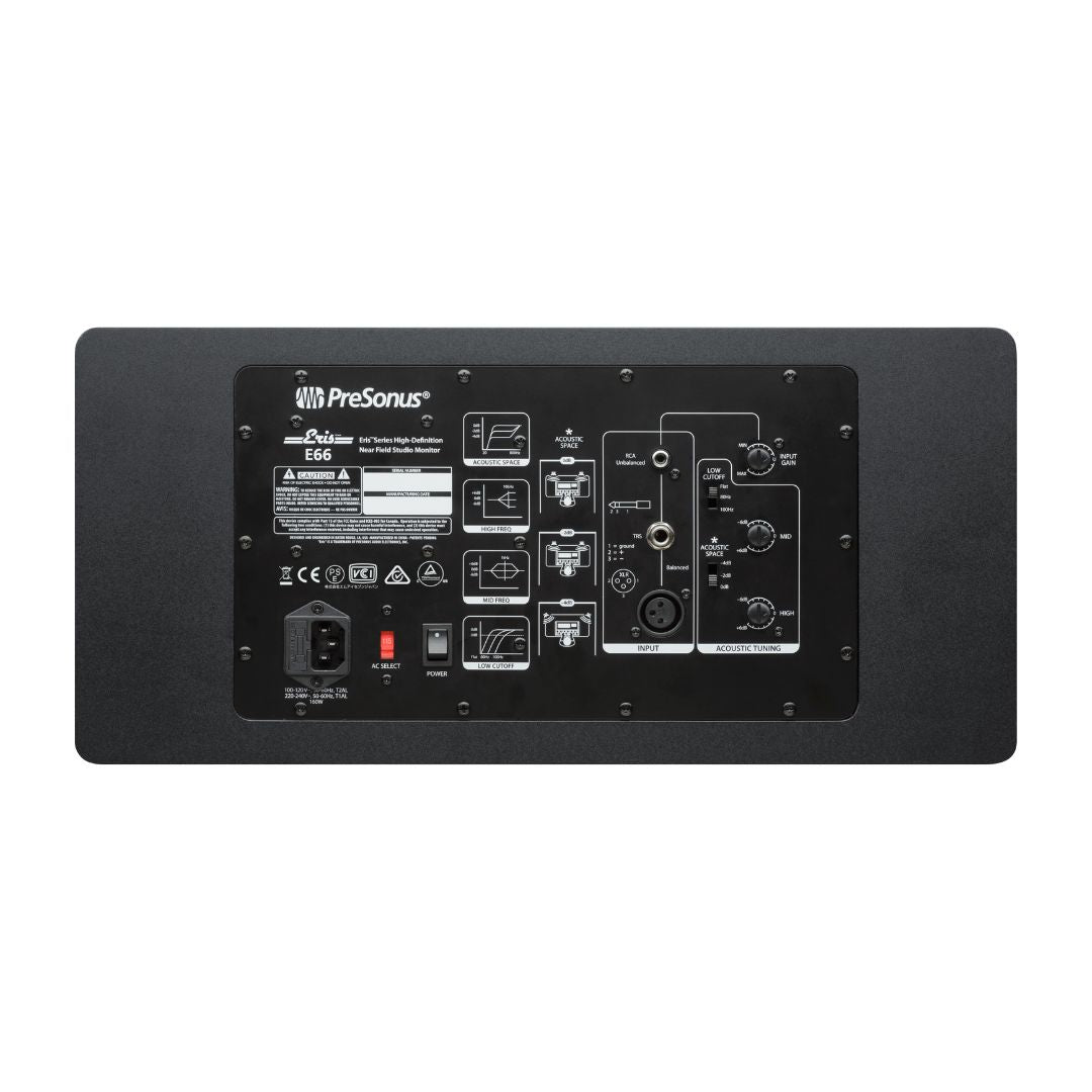 Back panel of a PreSonus monitor on a white background