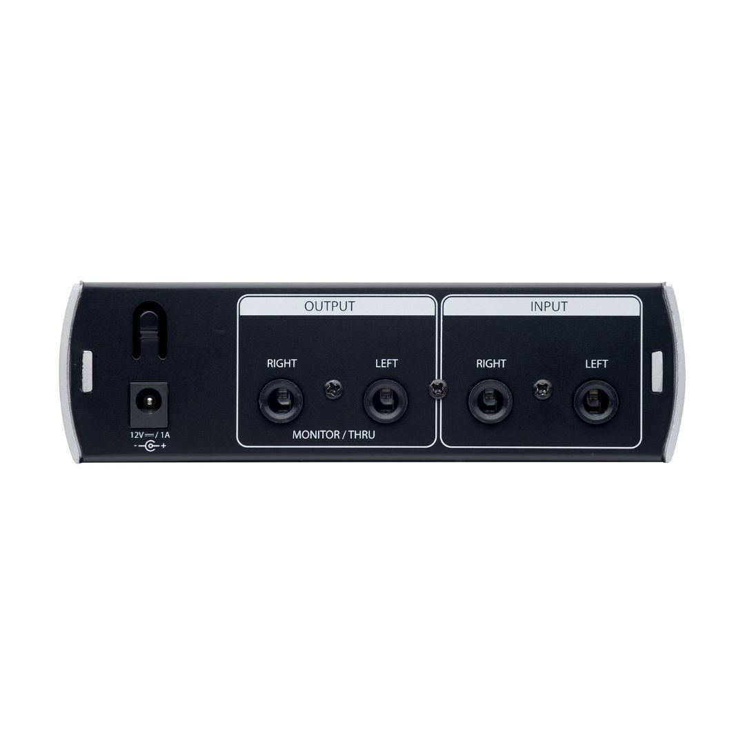 Audio interface with input and output ports on a white background