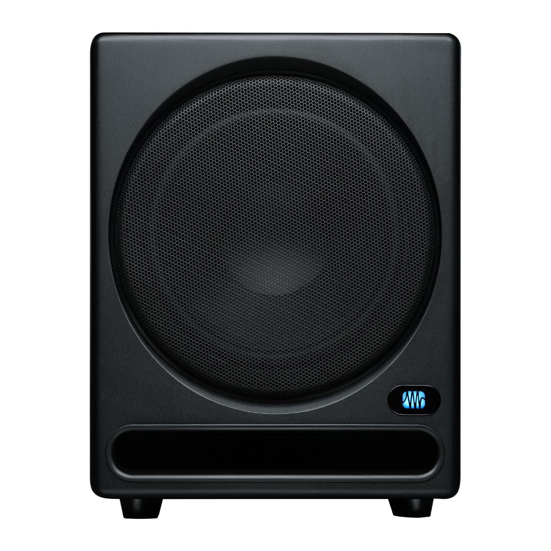 Black subwoofer with a digital display on a white background