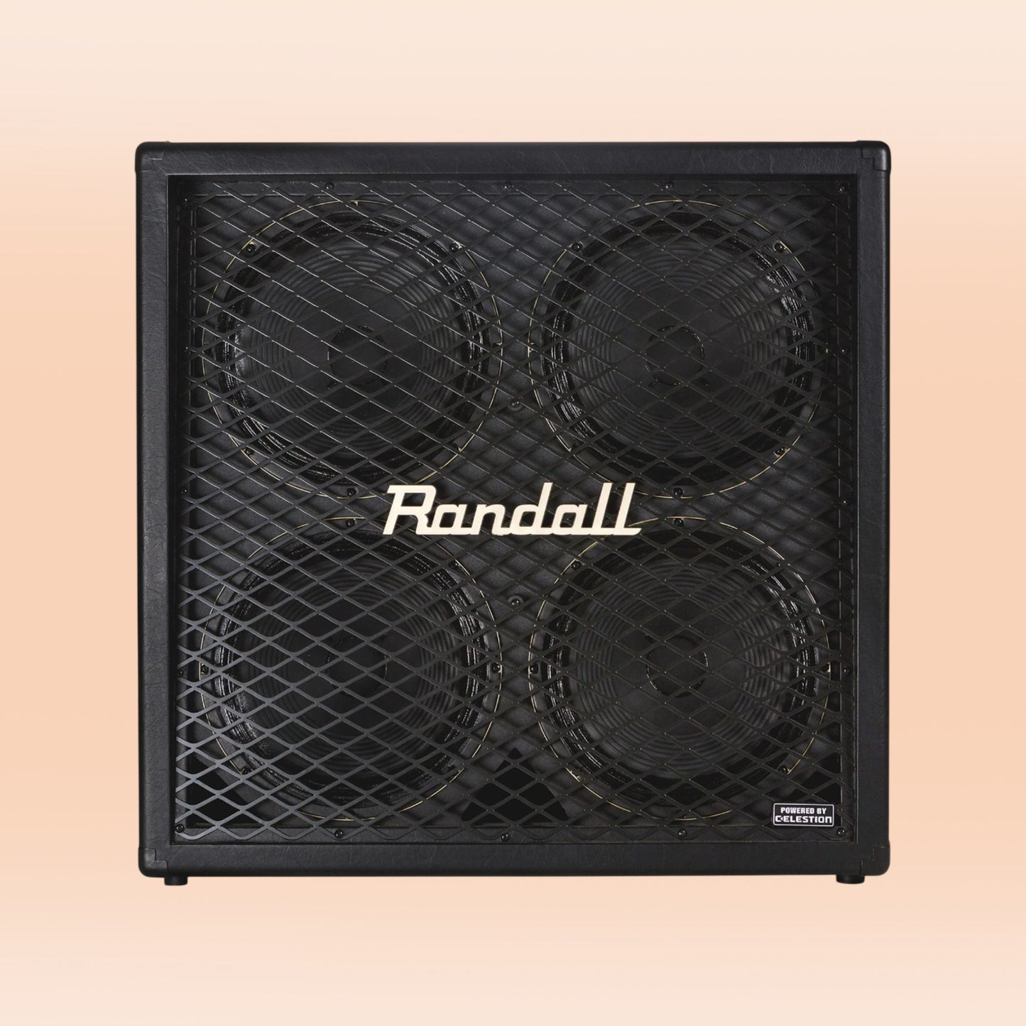 Front view of Randall RD412-V30 Diavlo Guitar Speaker Cabinet on orange background