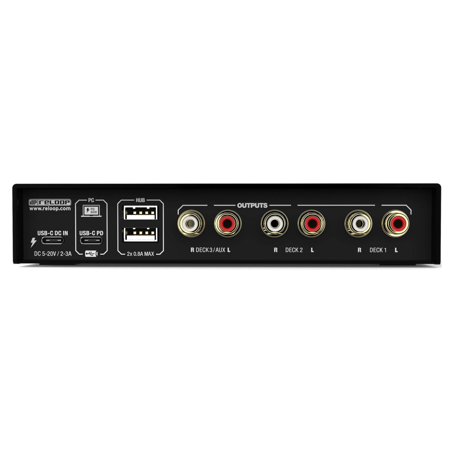 Bottom ports view of Reloop Flux 6x6 In/Out USB-C DVS Interface for Serato DJ Pro on white background