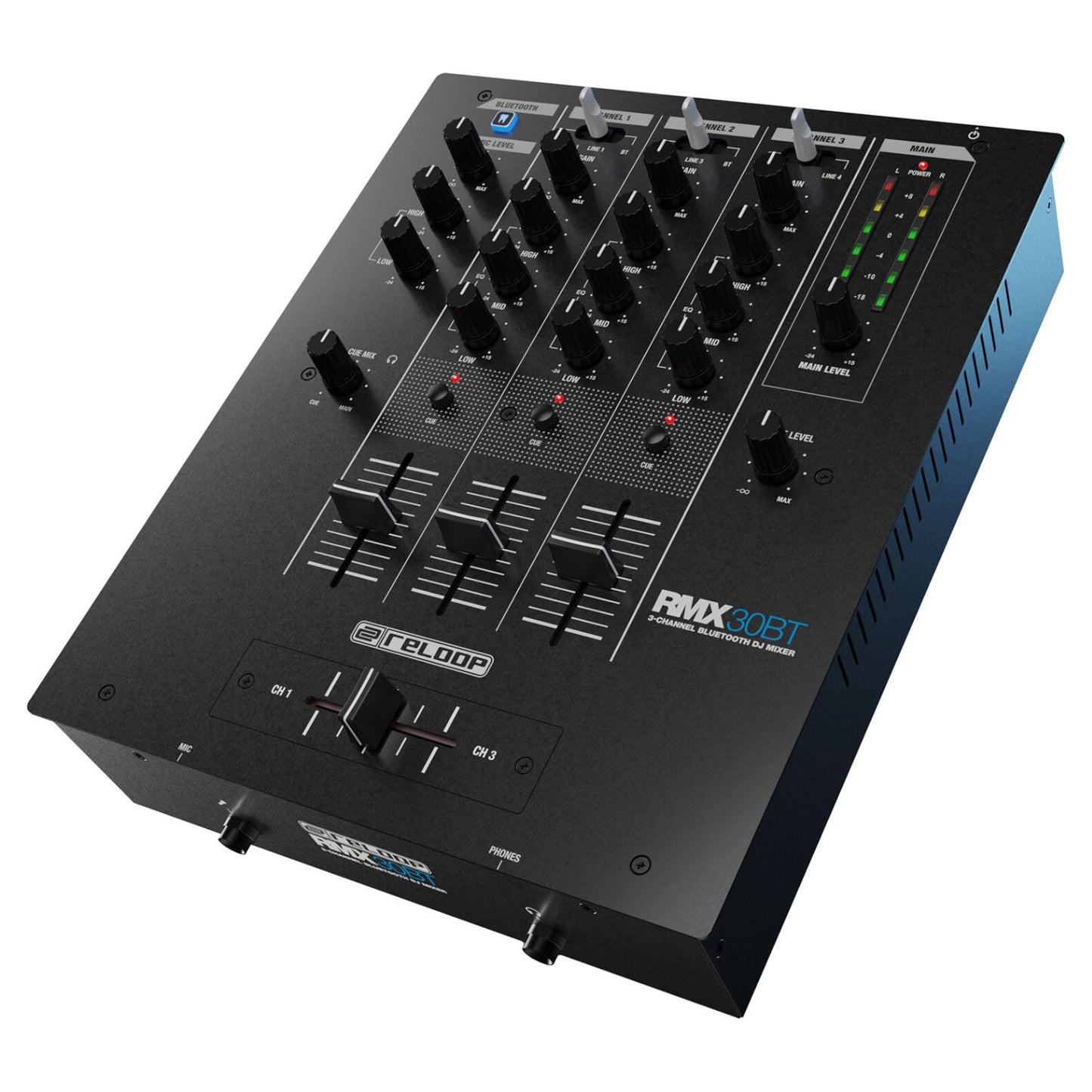 Angled front view of Reloop RMX-30 BT 3-Channel Bluetooth DJ Mixer on white background
