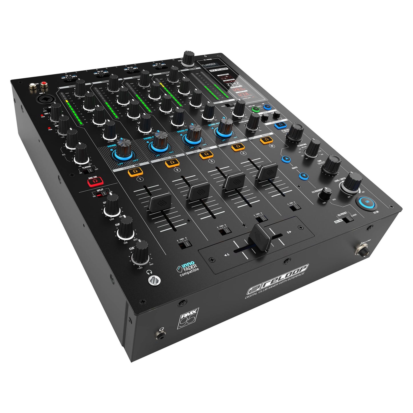 Angled view of Reloop RMX-95 Digital Club Mixer on white background