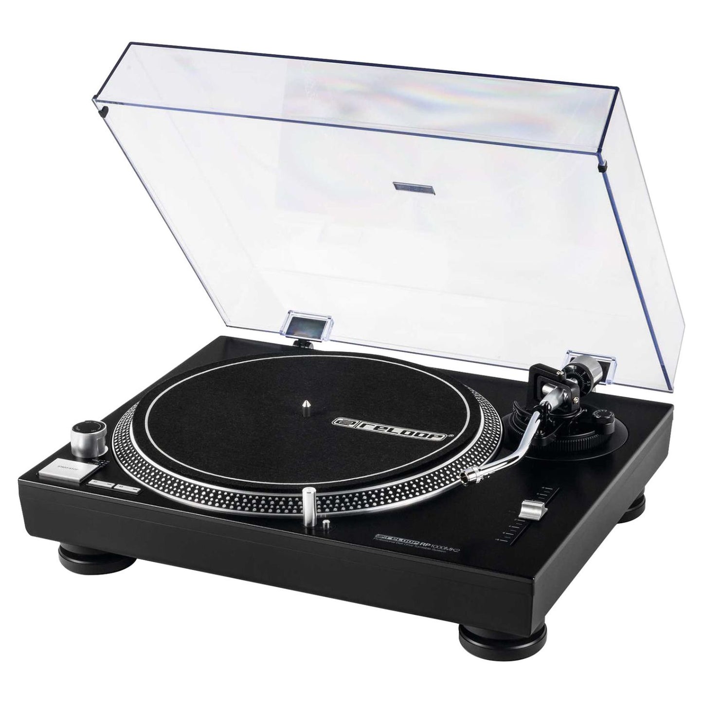 Angled view of Reloop RP-1000 MK2 Belt-Drive Turntable System with attached lid on white background
