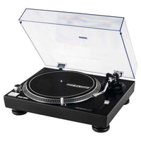 Angled view of Reloop RP-1000 MK2 Belt-Drive Turntable System with attached lid on white background