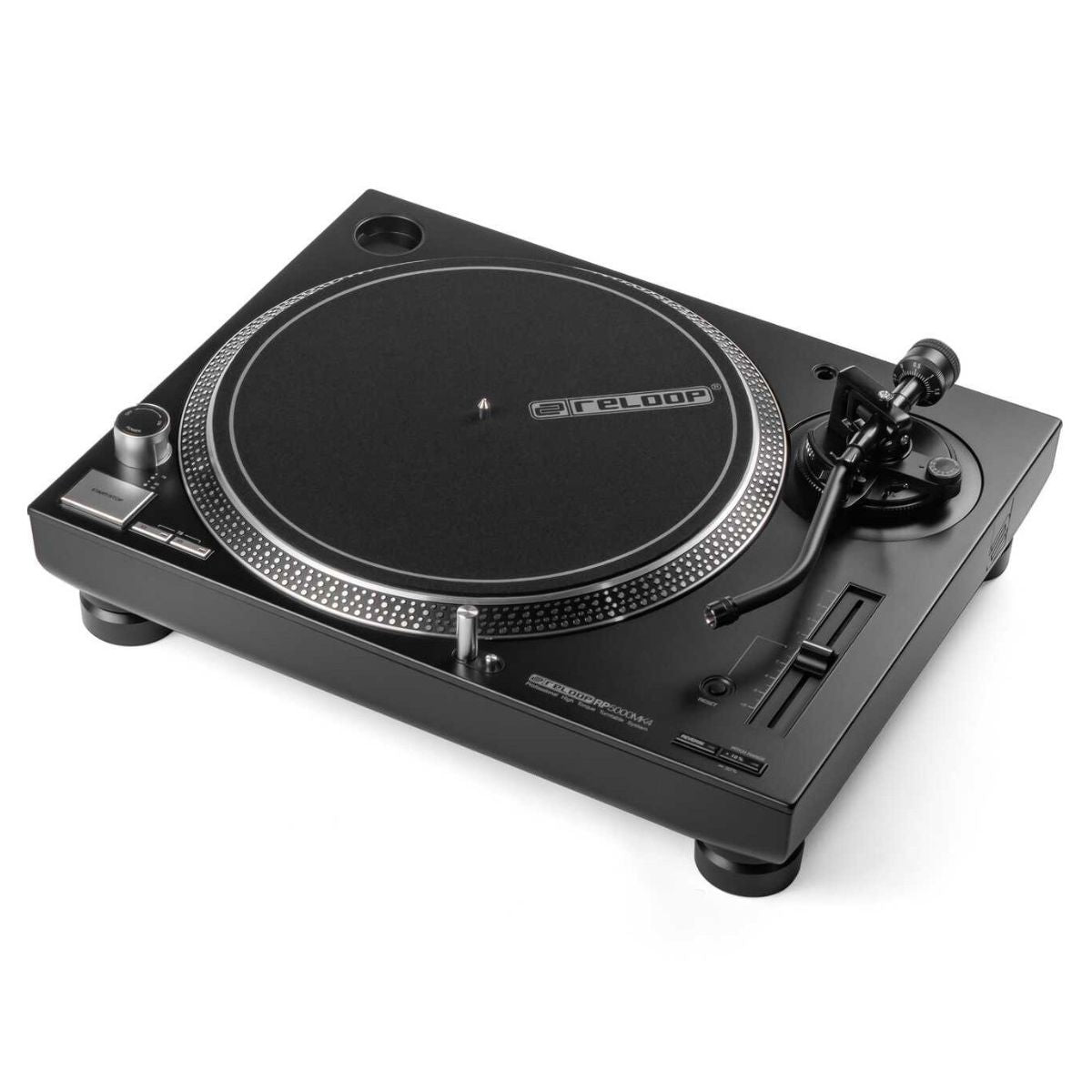 Angled view of Reloop RP-5000 MK4 Professional High-Torque Turntable System on white background