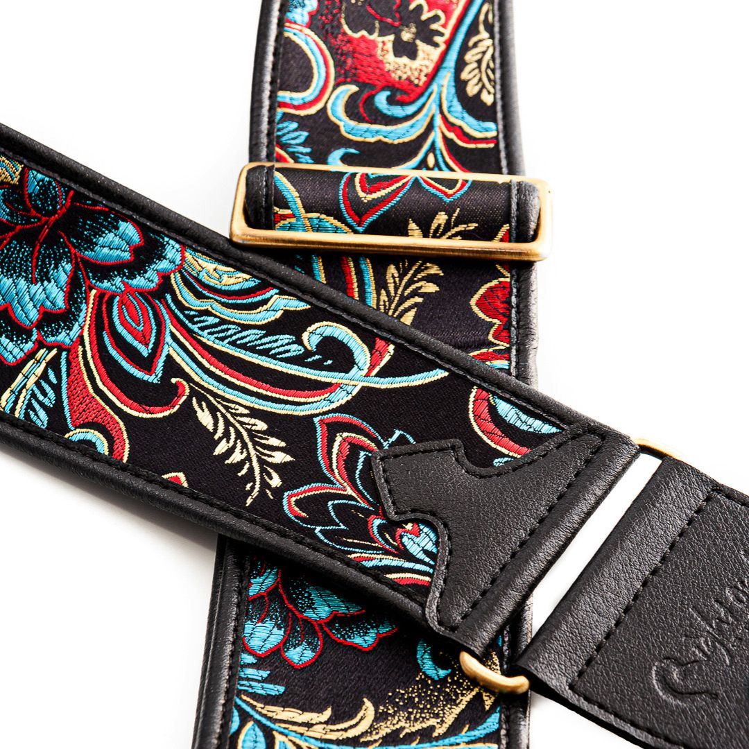 Close up view of RightOn Beppu II Guitar Strap on white background