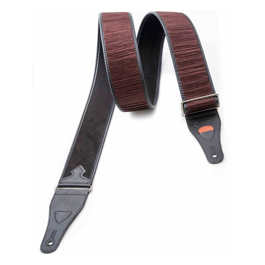 Curled and extended view of RightOn Dune Guitar Strap (Brown) on white background