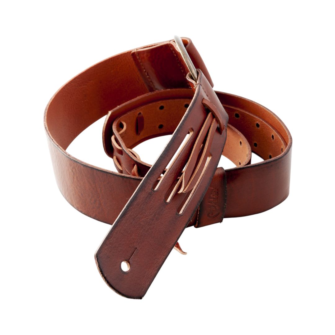 Curled view of RightOn Legend D.A. Guitar Strap on white background