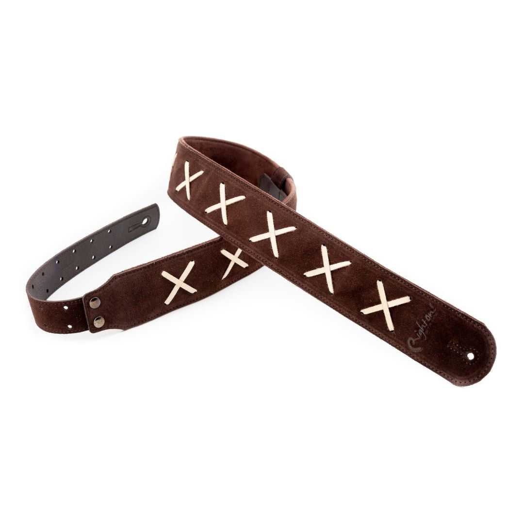 Front view of RightOn Legend D.G. Guitar Strap Brown on white background