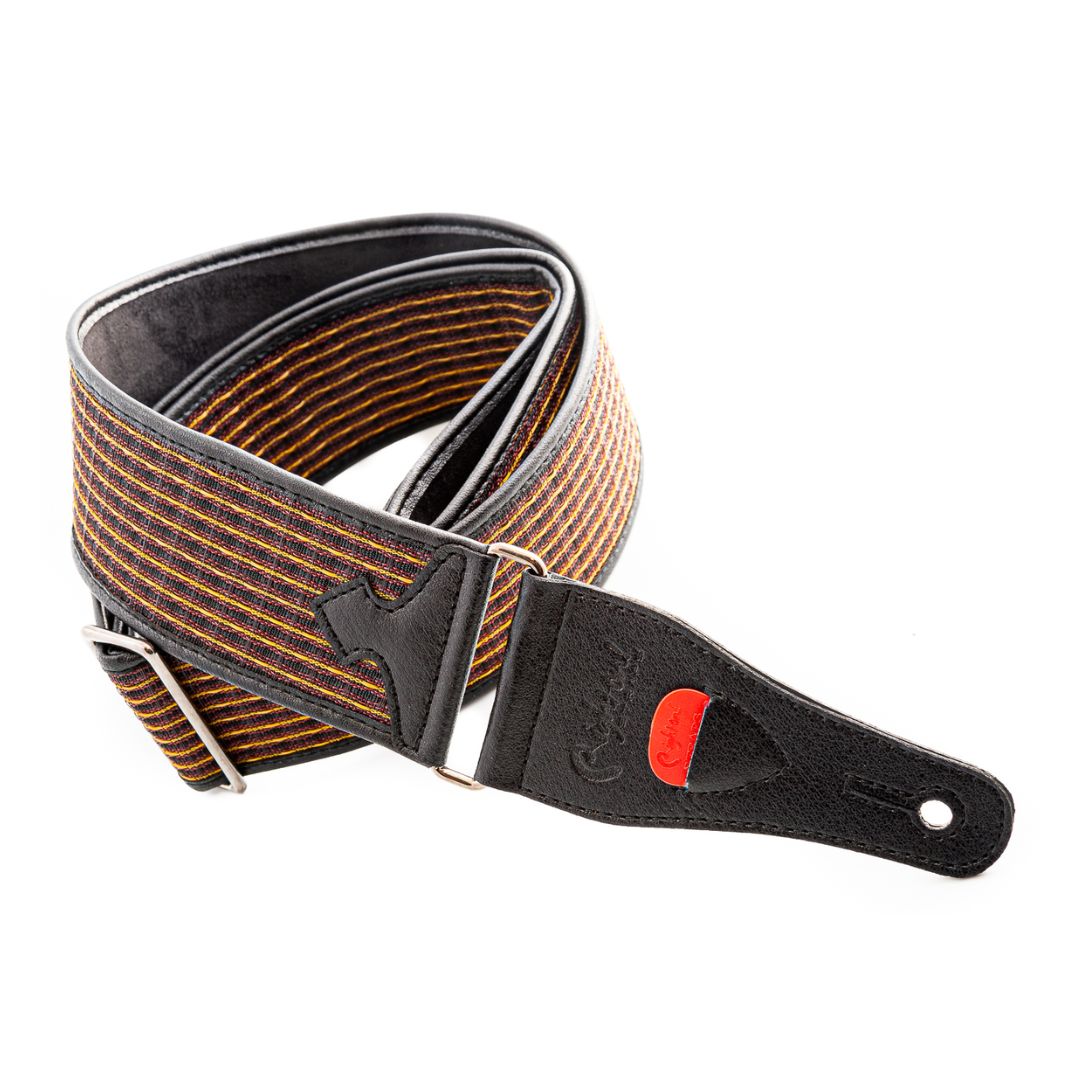 Curled view of RightOn Oxblood II Guitar Strap on white background