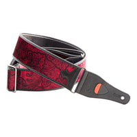 Curled view of RightOn Paisley Velvet Guitar Strap Red on white background