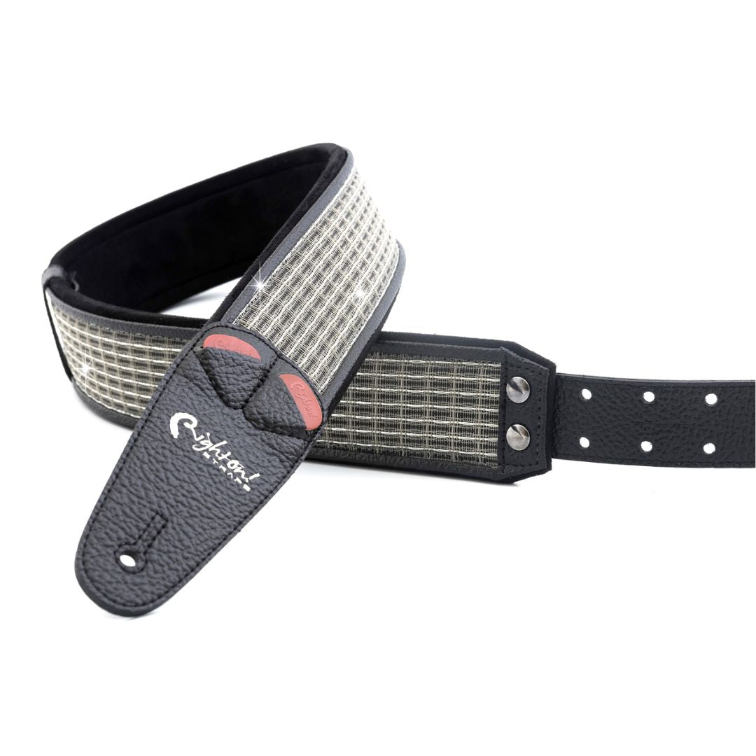 Slightly extended view of RightOn Reverb Guitar Strap on white background